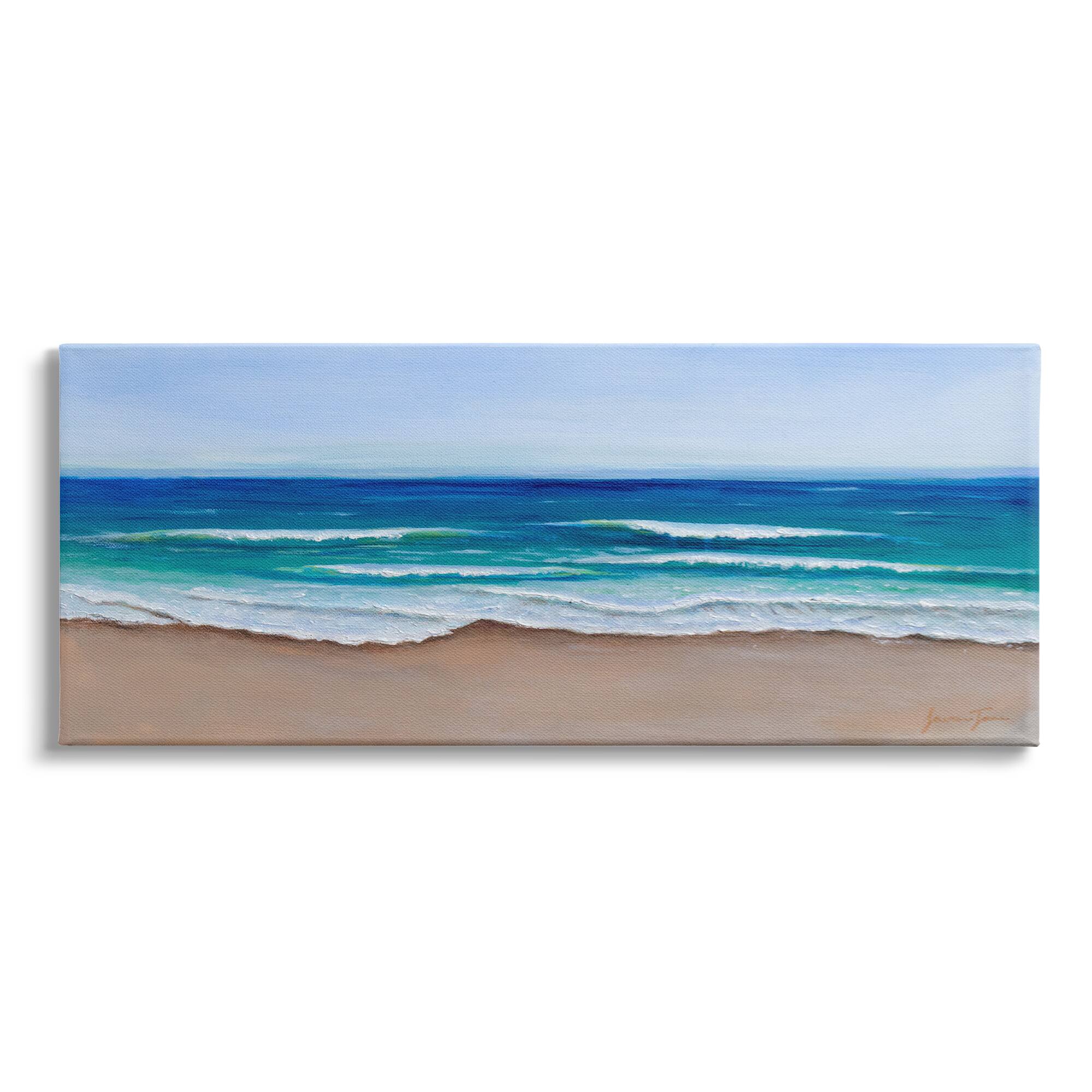 Stupell Industries Vibrant Blue Beach Coast Ocean Shoreline Panoramic Painting Canvas Wall Art